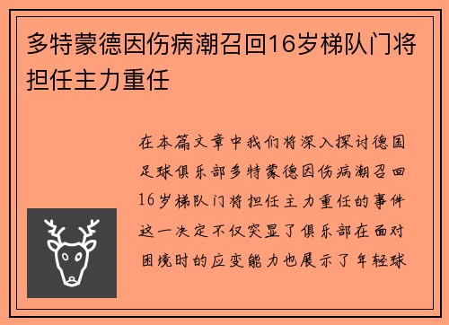 多特蒙德因伤病潮召回16岁梯队门将担任主力重任