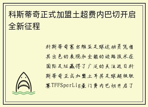 科斯蒂奇正式加盟土超费内巴切开启全新征程